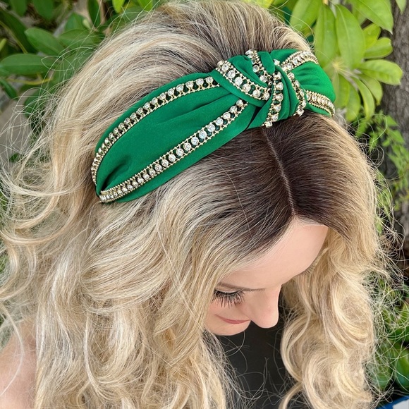 Green Top Knot Gold Crystal Rhinestone Christmas Minimalist 2" Cotton Headband - Picture 3 of 3